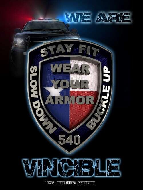 Text that says we are vincible. With a shield that says stay fit, buckle up, slow down, 540 and wear your armor
